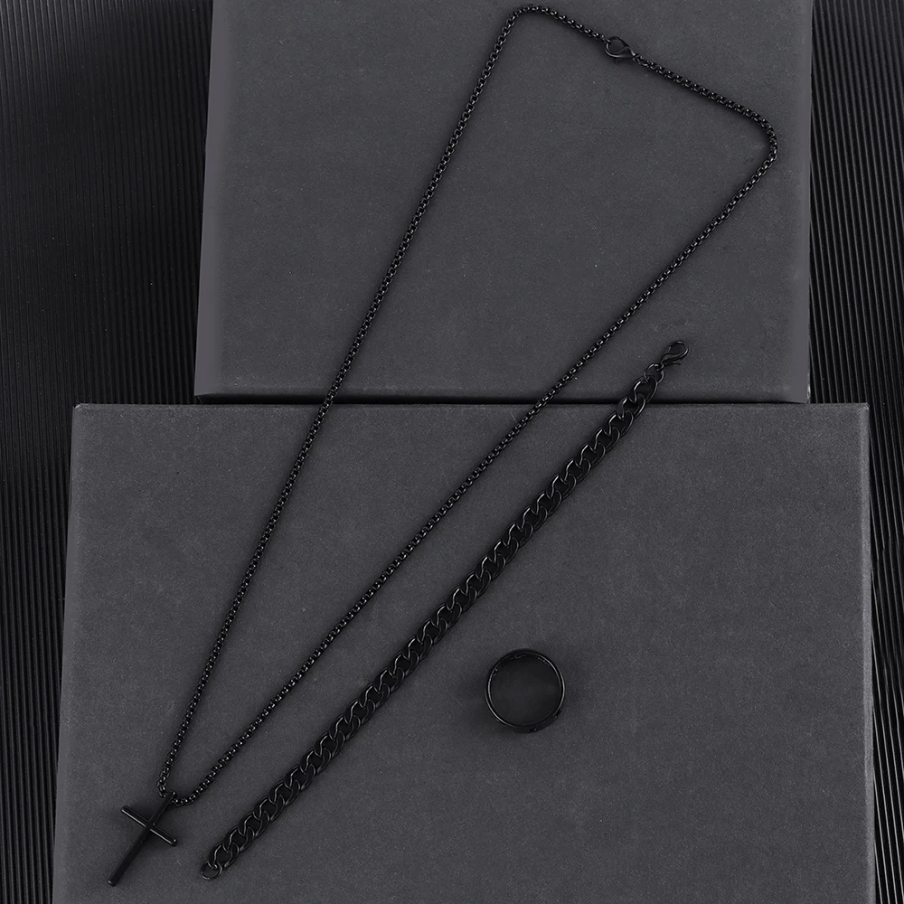 Men's Stainless Steel Metal Cross Pendant Chain Necklace Bracelet Ring Jewelry Sets 3pcs