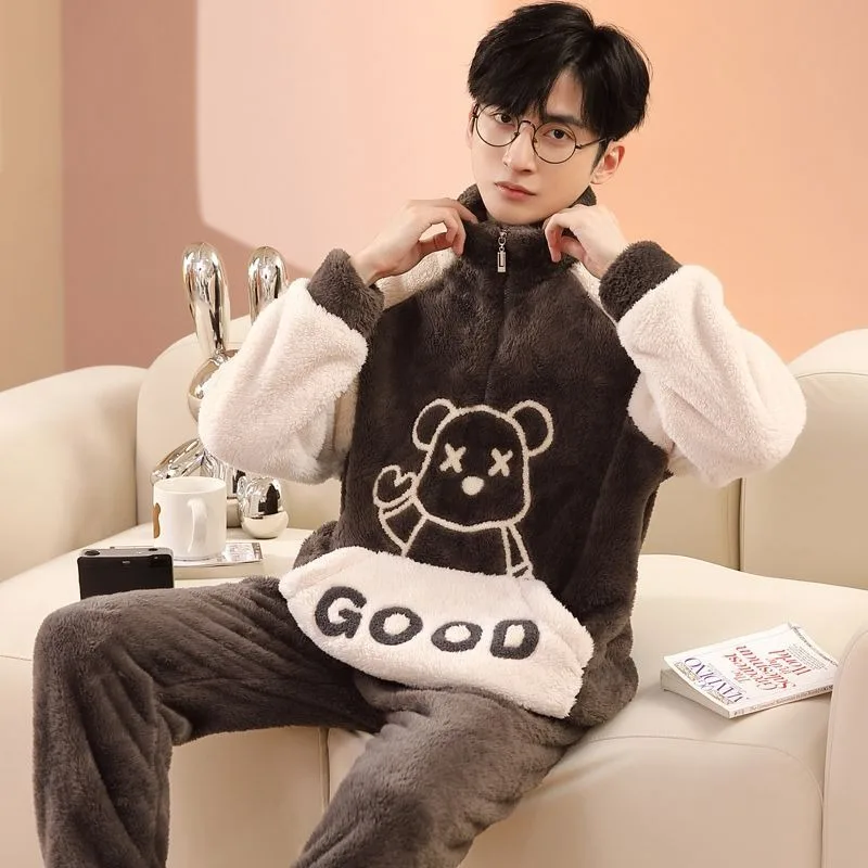 Coral Velvet Pajamas Men Winter Fleece-lined Thickened Cartoon Stand Collar Large Size Sleepwear Suit Male Flannel Warm Homewear