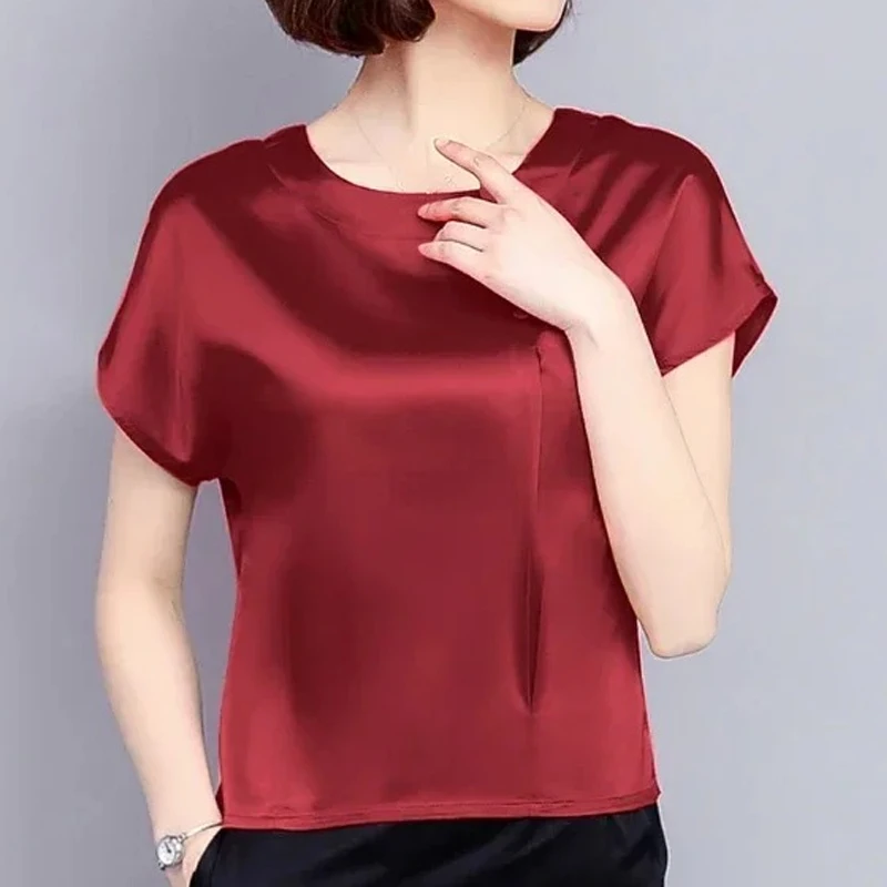 Women's Silk Short Sleeved Blouses Casual O-Neck Shirts Solid Loose Tops Spring and Summer Clothing New Fashion 0425