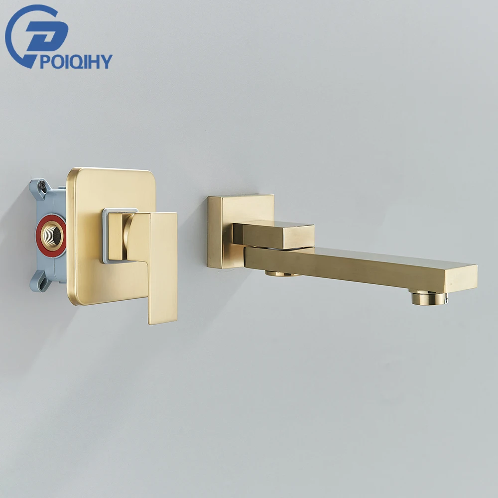 Brushed Golden ก๊อกน้ําอ่างล้างหน้าหมุน Spout ติดผนังห้องน้ําร้อนน้ําเย็น TAP ปกปิดซักผ้า Crane ก๊อกน้ํา 1