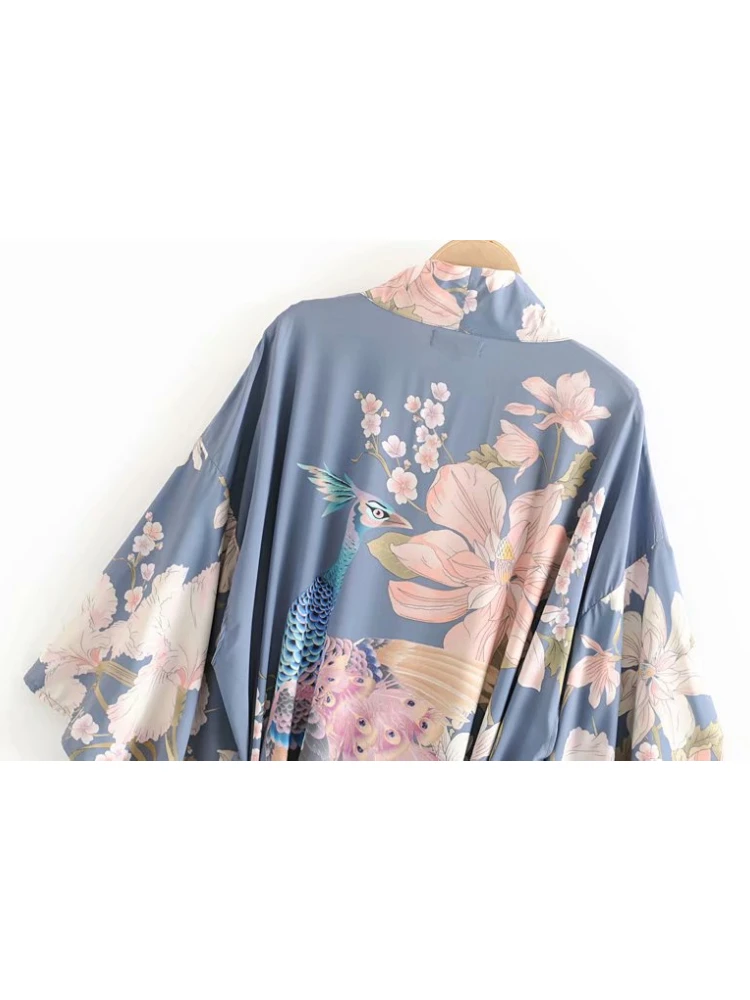 Vintage Peacock Floral Print Sashes Women Bohemian V Neck Batwing Sleeves Lady Happie Beach Boho Robe Bikini Cover-ups