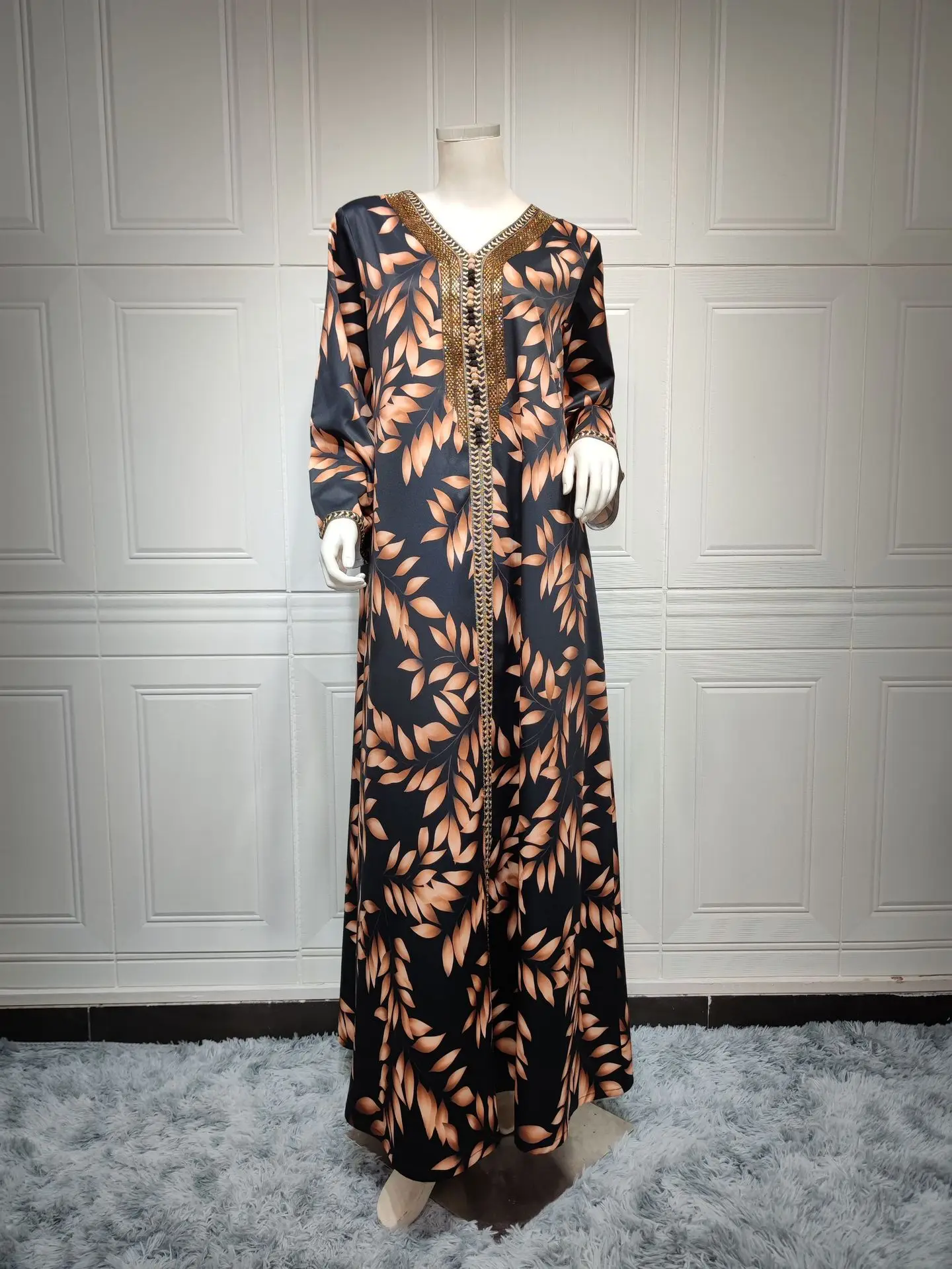 Beaded Abaya Printed Long Dress for Women Arabic Party Kaftan Braided Trimming Saudi Gulf Dubai Jalabiya Muslim Evening Dresses