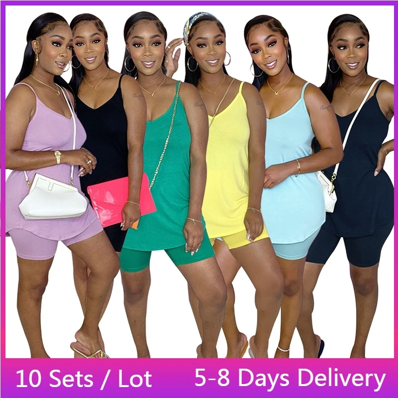 

Wholesale Items Summer 2 Piece Sets Womens Outfits Casual V Neck Sleeveless T Shirt and Shorts Set Solid Loungewear Women Set