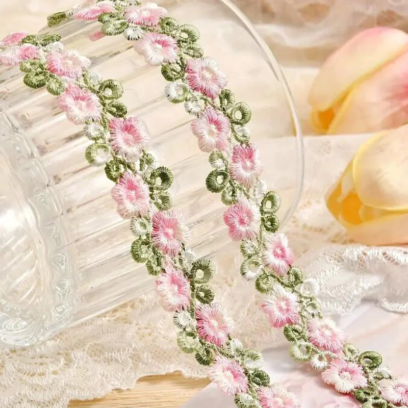Pink Green Lace Trim Craft Flower Lace Fabric Venise Floral Embroidered Applique Decorated Ribbon 2CM Wide 1Yard lace fabric