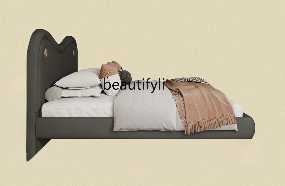 

Retro Leather Bed Double Bed First Layer Cowhide Atmospheric Master Bedroom Tatami Bed