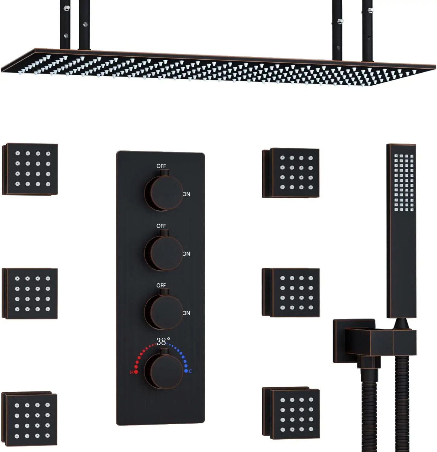 Oil Rubbed Bronze Body Jet Shower System 16x32 Inch Rainfall Shower Head with Handheld Sprayer Jet