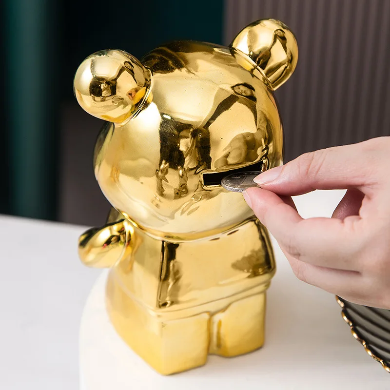Bear Ceramic Plating Save Money Bank Nordic Home Decoration Cute Bear Sculpture Light Luxury Desktop Figurines Living Room Decor 5