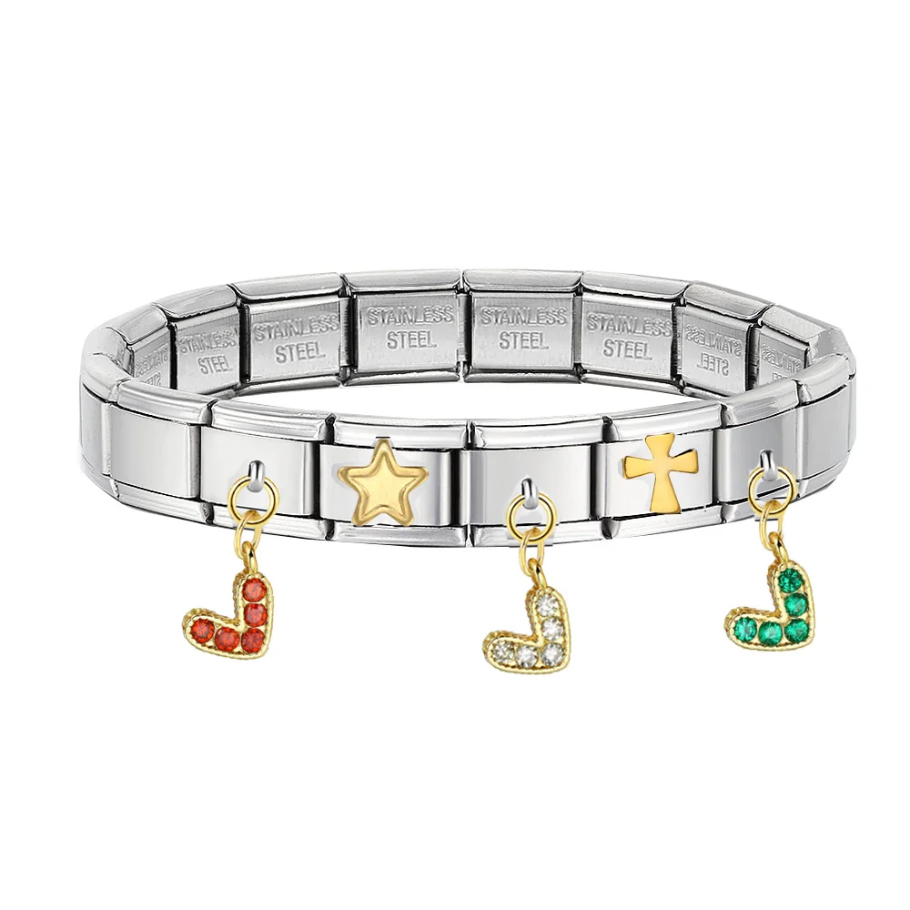 Y2k Bunter Herz-Anhänger mit CZ-Steinchen, Modischer Italienischer Charm-Anhänger, Passend für 9mm Edelstahl-Armbänder, DIY-Schmuckherstellung