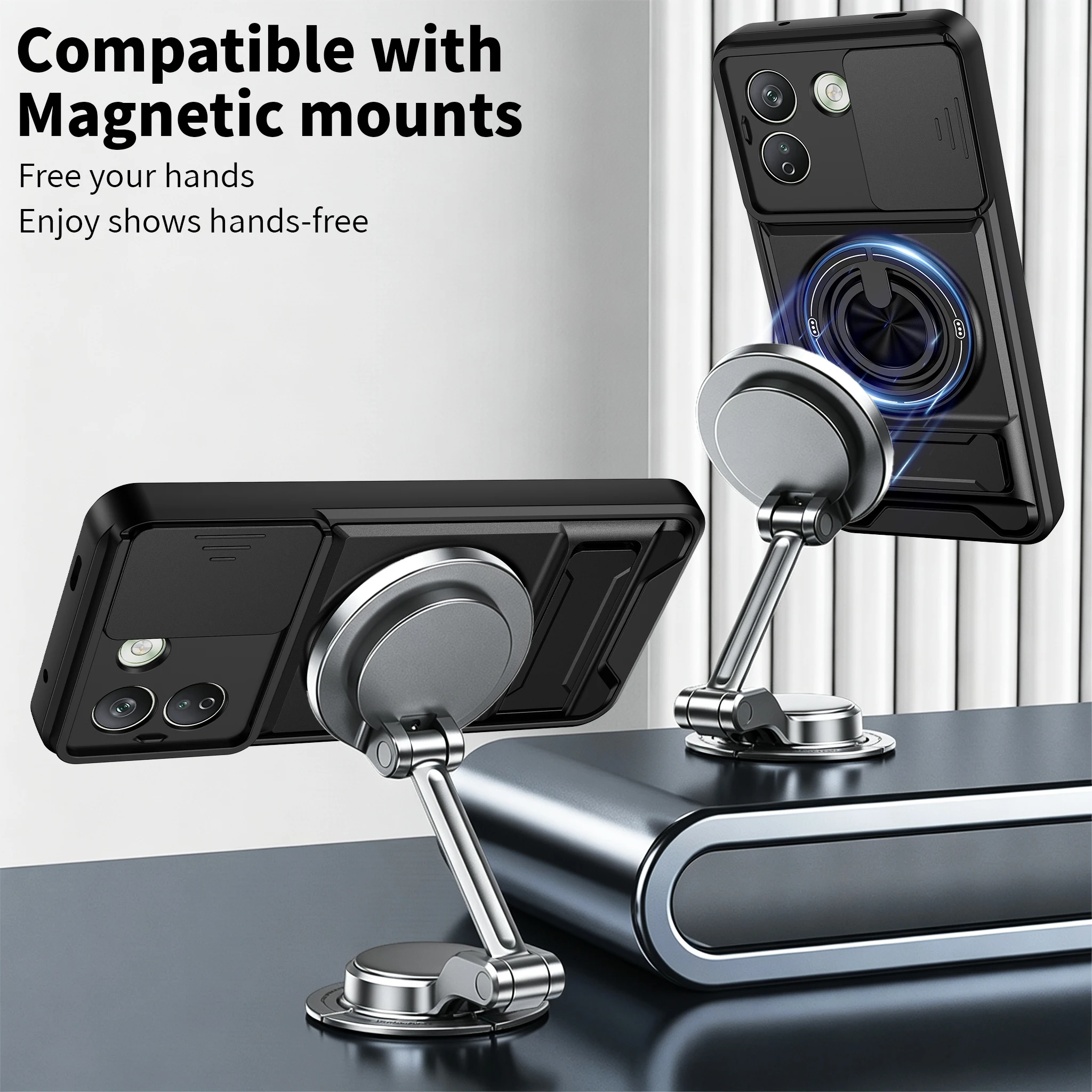 Magnetic Stand Shockproof Armor Kickstand Phone Case with Slide Camera Protector