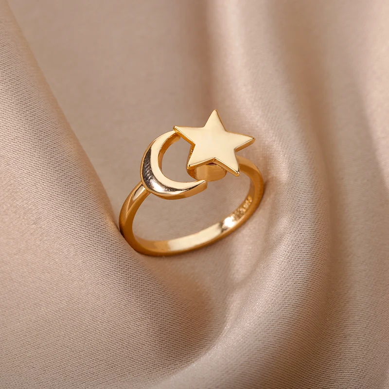 Fashion Moon Star Rings For Women Stainless Steel Gold Color