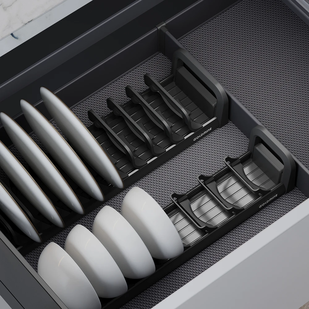 Goldmine Aluminum Slide Out Cabinet Organizers Deep Tableware Pullout Storage Basket High End Dishes Cabinet Pull Out Drawers
