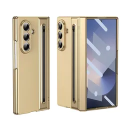 360° Folding Flap Leather Phone Case with Pen Groove and Tempered Glass Film for Galaxy Z Fold4 (Gold)
