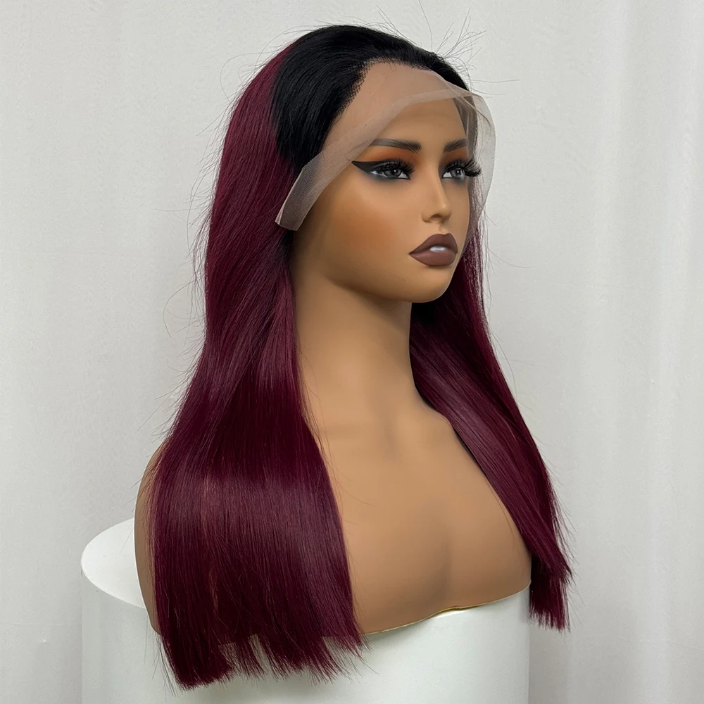 350% Density Double Drawn 12A Hair 13x4 Transparent Lace Front Human Hair Wig Ombre 99J Straight Human Frontal Wigs for Women