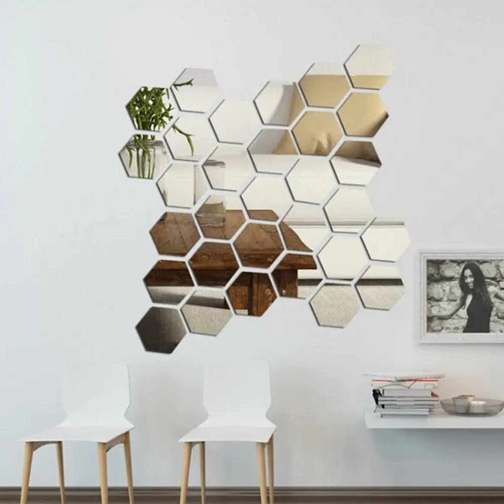 Description Picture 4 of item3D 12Pcs Hexagon Acrylic Mirror Wall Stickers DIY Art Wall Decor Stickers Home Decor Living Room Mirrored Decorative Sticker