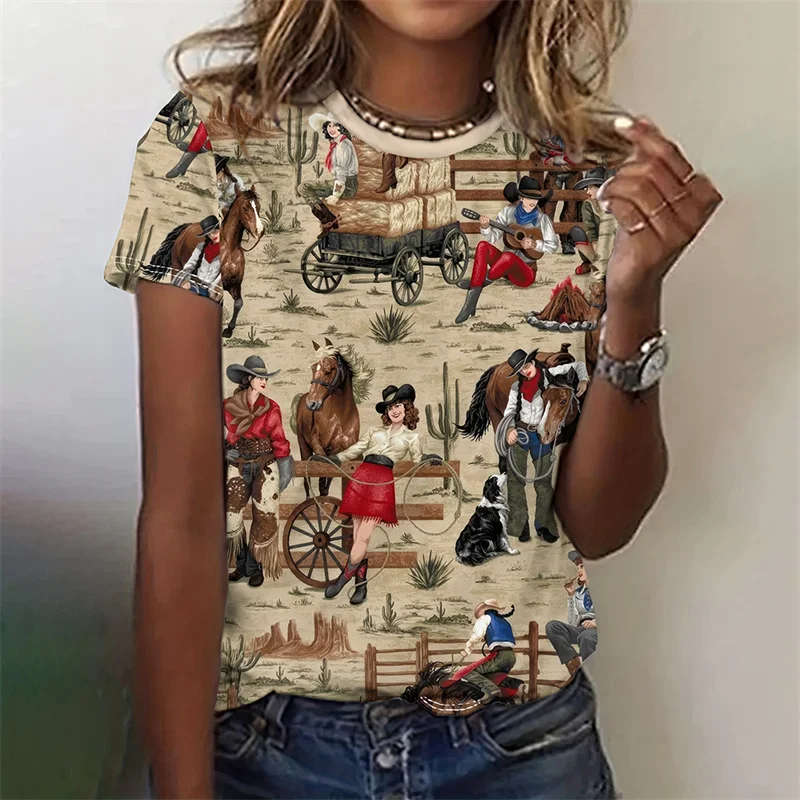 3D Printed Cowboy Horse T-Shirt For Women Colorful Animal Graphic T Shirts Summer Loose Tees Short Sleeves Round Neck Tops 1