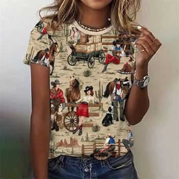 3D Printed Cowboy Horse T-Shirt For Women Colorful Animal Graphic T Shirts Summer Loose Tees Short Sleeves Round Neck Tops 1