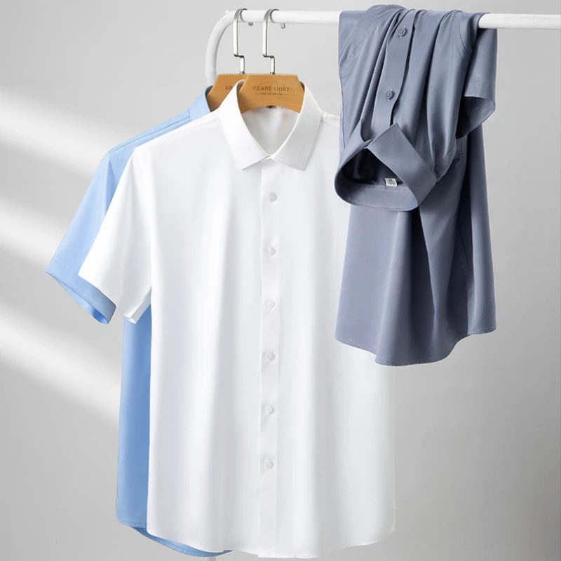 2023 Summer Short Sleeve High Density Silky Material Solid  Elastic Business Men Dress Shirts No Pocket Stretch Clothes 6