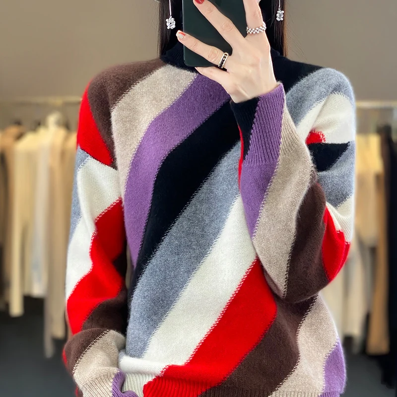

High Turnover Collar Cashmere Sweater Women's 23 Autumn New 100% Pure Woolen Sweater Long Sleeve Loose Pullover Knitted Sweater