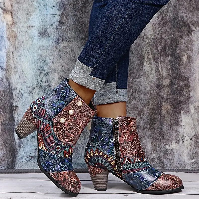 Women's Boots Large Size Increase Fashion Ethnic Style Casual Fashion Retro Stitching High-heeled Short Leather Boots All-match