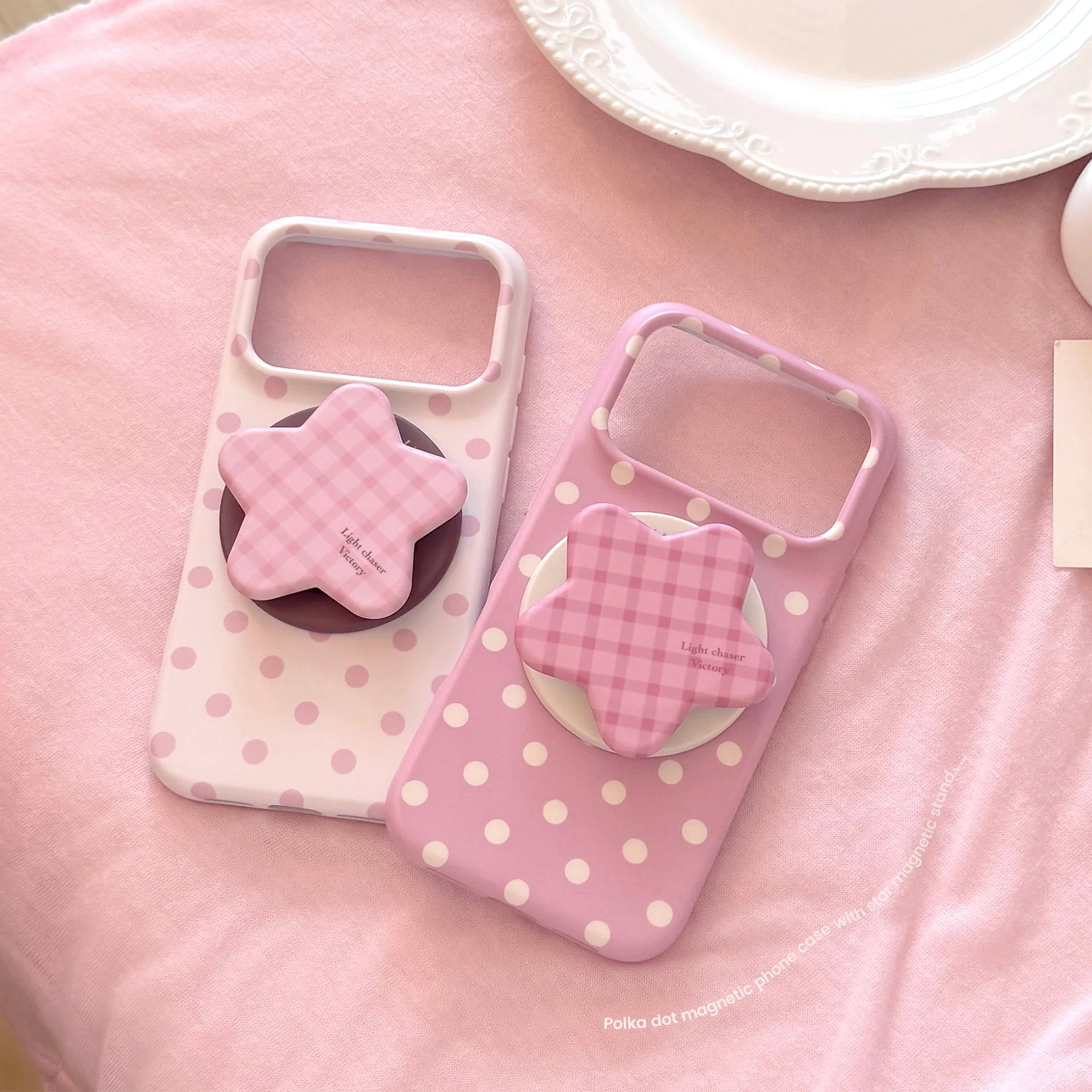 Pink Polka Dot Magnetic Phone Case with Star Checkered Stand and Shock-Resistant Design