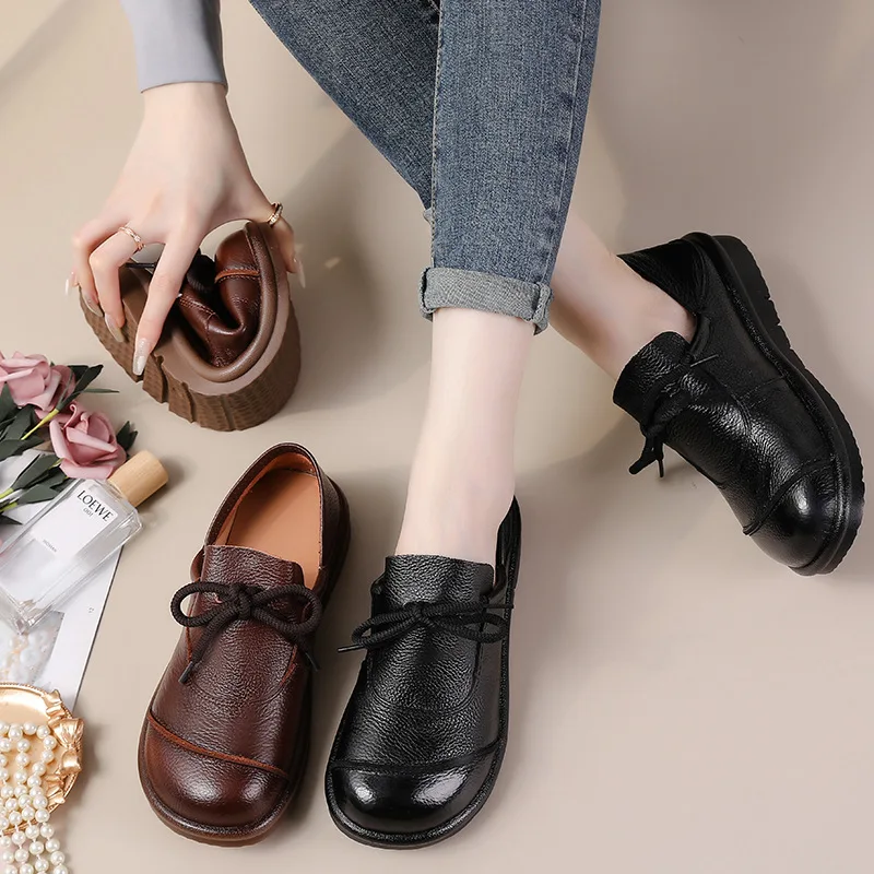 Xiuteng Genuine Leather Handmade Flat Shoes Platform Round Toe Thick Soled Retro Totem Comfortable Lady Lace Shoes