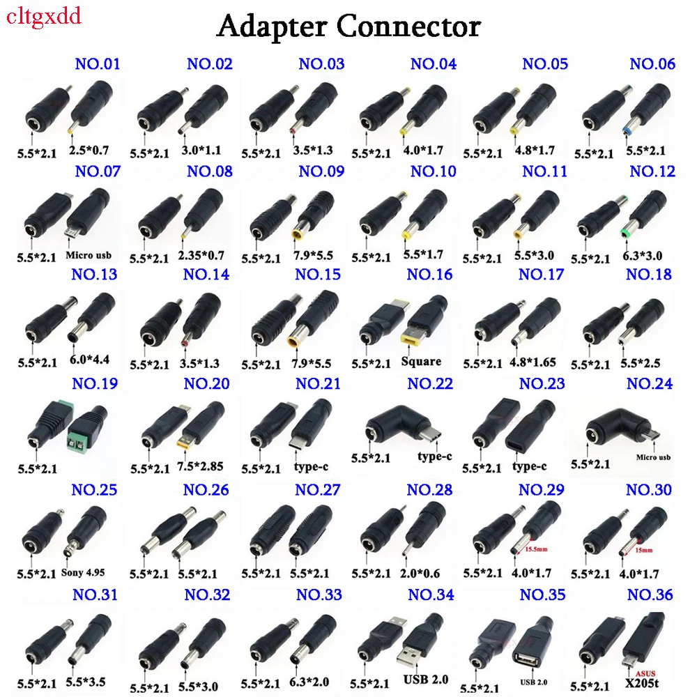 

2Piece Laptop Power Adapter Male to Female 5.5 * 2.1 2.5 * 0.7 3.0 * 3.5x1.3 4.8x1.7 7.9 * 5.5 6.0 * 4.4 7.9x5.5 USB Converter