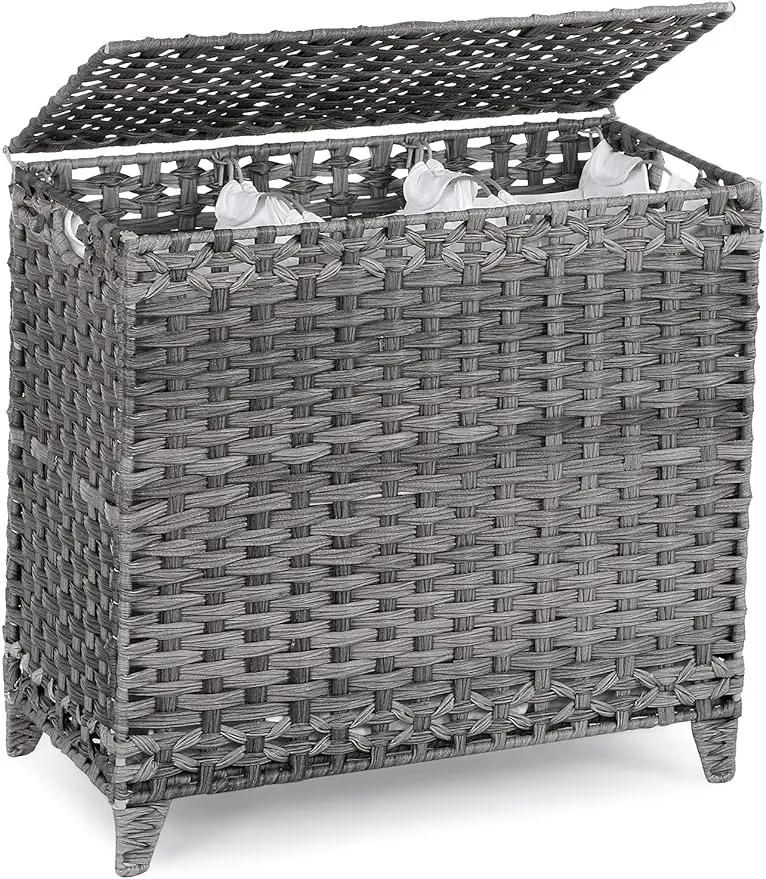 

132L hand-woven rattan laundry basket with lid and high foot; Clothes baskets with side handles; Laundry sorter (grey)