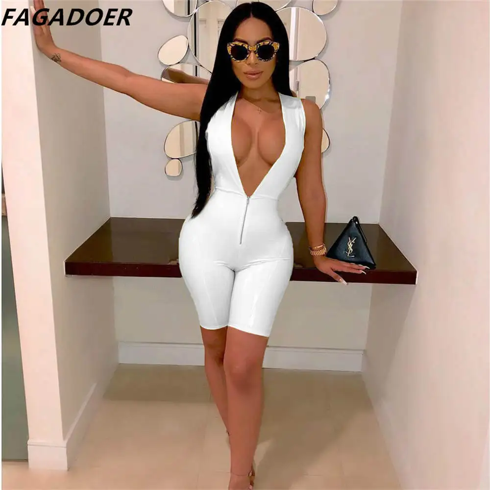 FAGADOER Sexy Bodycon PU Rompers Women Zipper Patent Leather Jumpsuit Summer Solid Sleeveless Shorts One Piece Playsuit Clubwear