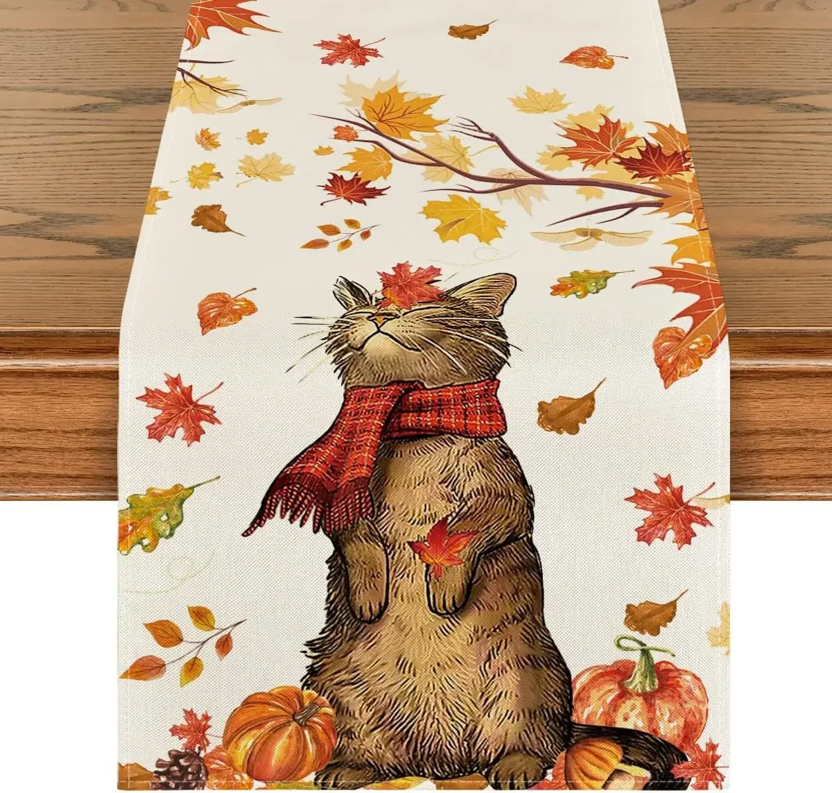 Autumn Thanksgiving Table Runner Linen Buffalo Plaid Pumpkins Mushrooms Dining Table Decoration Indoor Outdoor Tablecloth