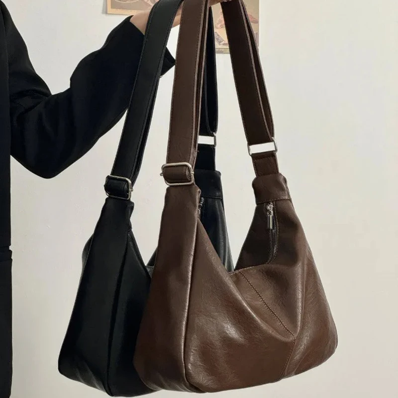 

Women's Shoulder Bag Exploded Texture PU Leather Handbag Large Capacity Wide Shoulder Strap Tote Crossbody Bag Commuter Envelope