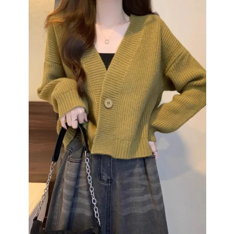 Fashion Elegant Loose Office Basic Casual Coats V-neck Women Cardigan Short Sweater Autumn Winter One Button Knitted Jackets