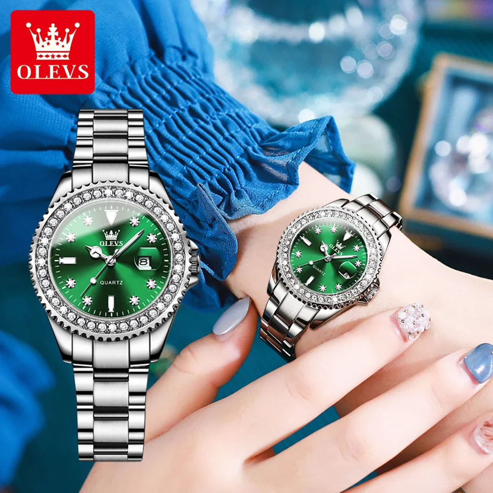 OLEVS Brand Luxury Diamond Couple Watches Men and Women Fashion Stainless Steel Waterproof Luminous Date Lovers Quartz Watch
