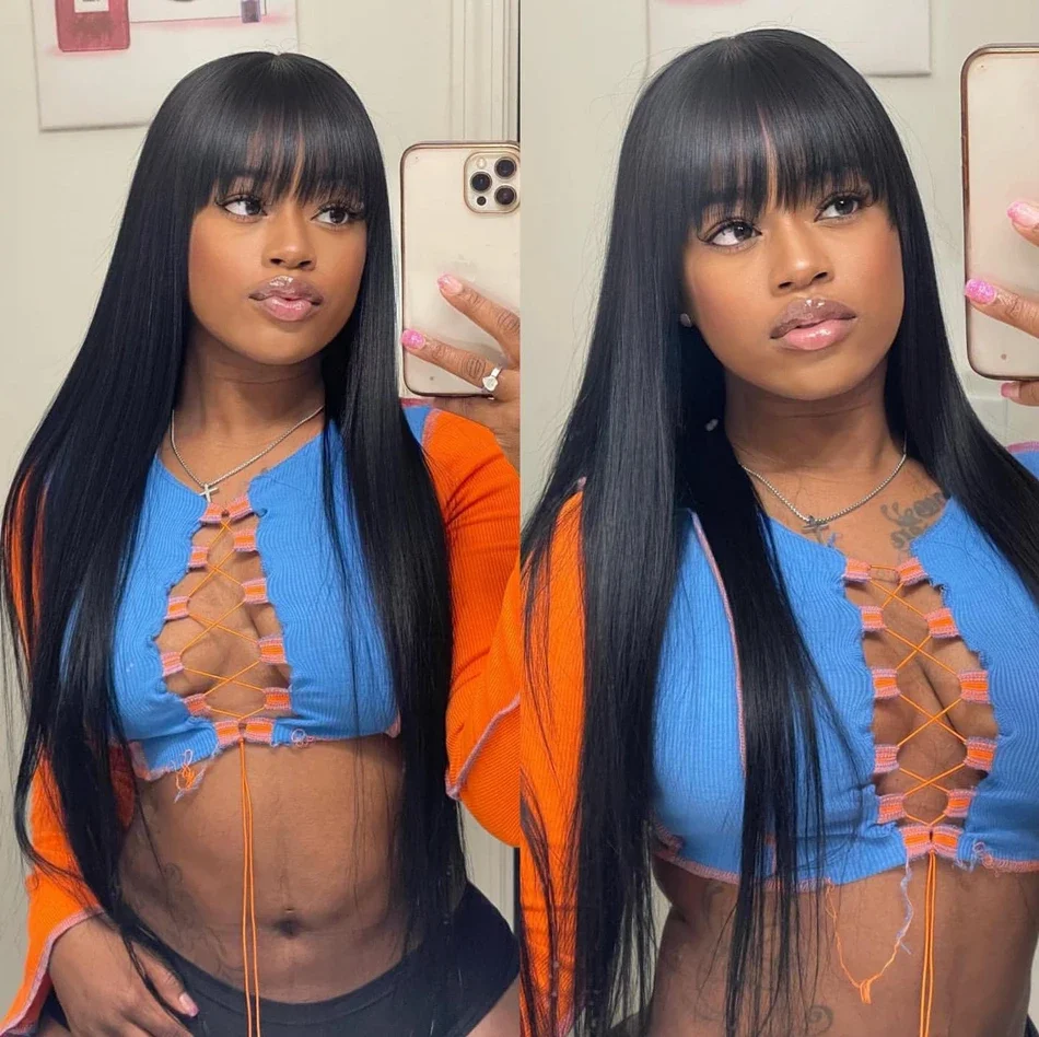 30 Inch Straight Full Machine Made Wig with Bang 180% Natural Human Hair Wig For Women Pre-Plucked Remy Hair human hair wigs