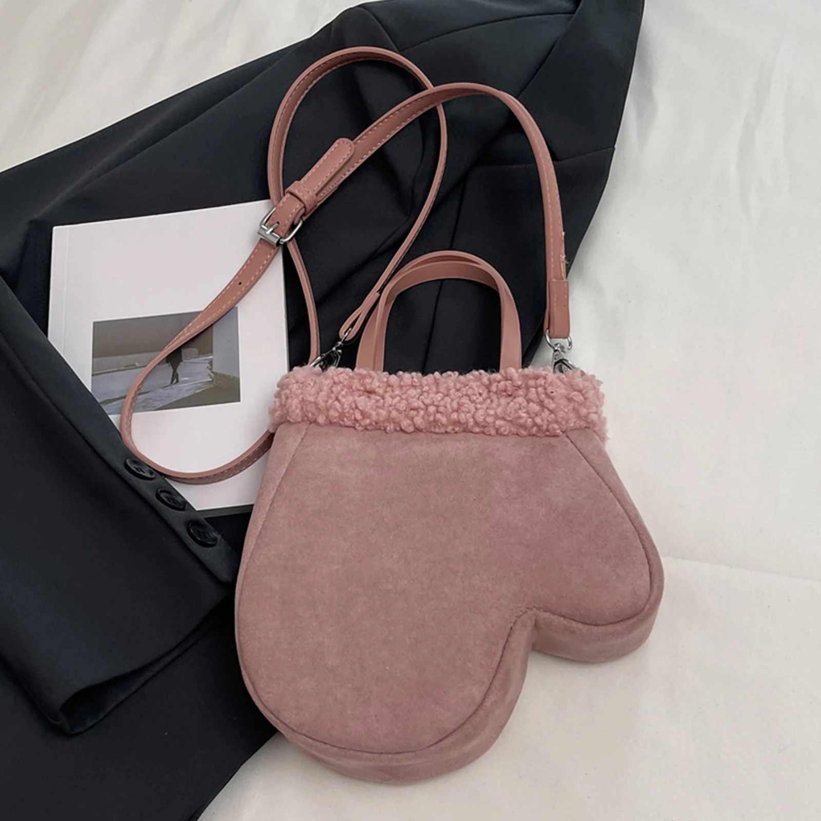 Faux Suede Crossbody Bag Glove Shape Glove Bag Plush Change Purse for Women Daily Travel Shopping