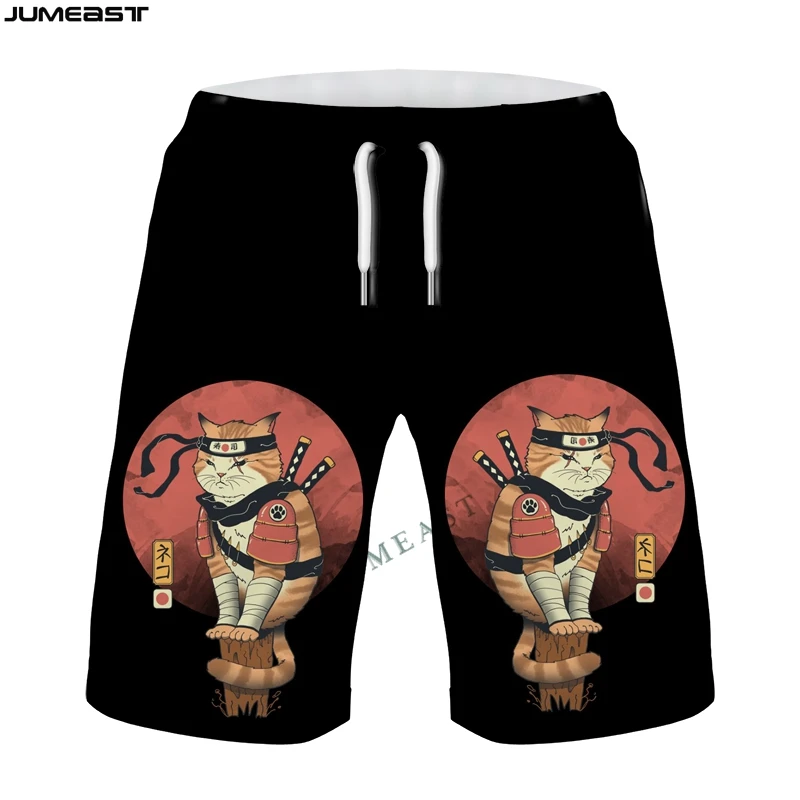 Jumeast Y2k Men Women 3D Printed Hip Hop Japanese Samurai Cat Shorts Trunks Quick Dry Beach Casual Sweatpants Short Pants