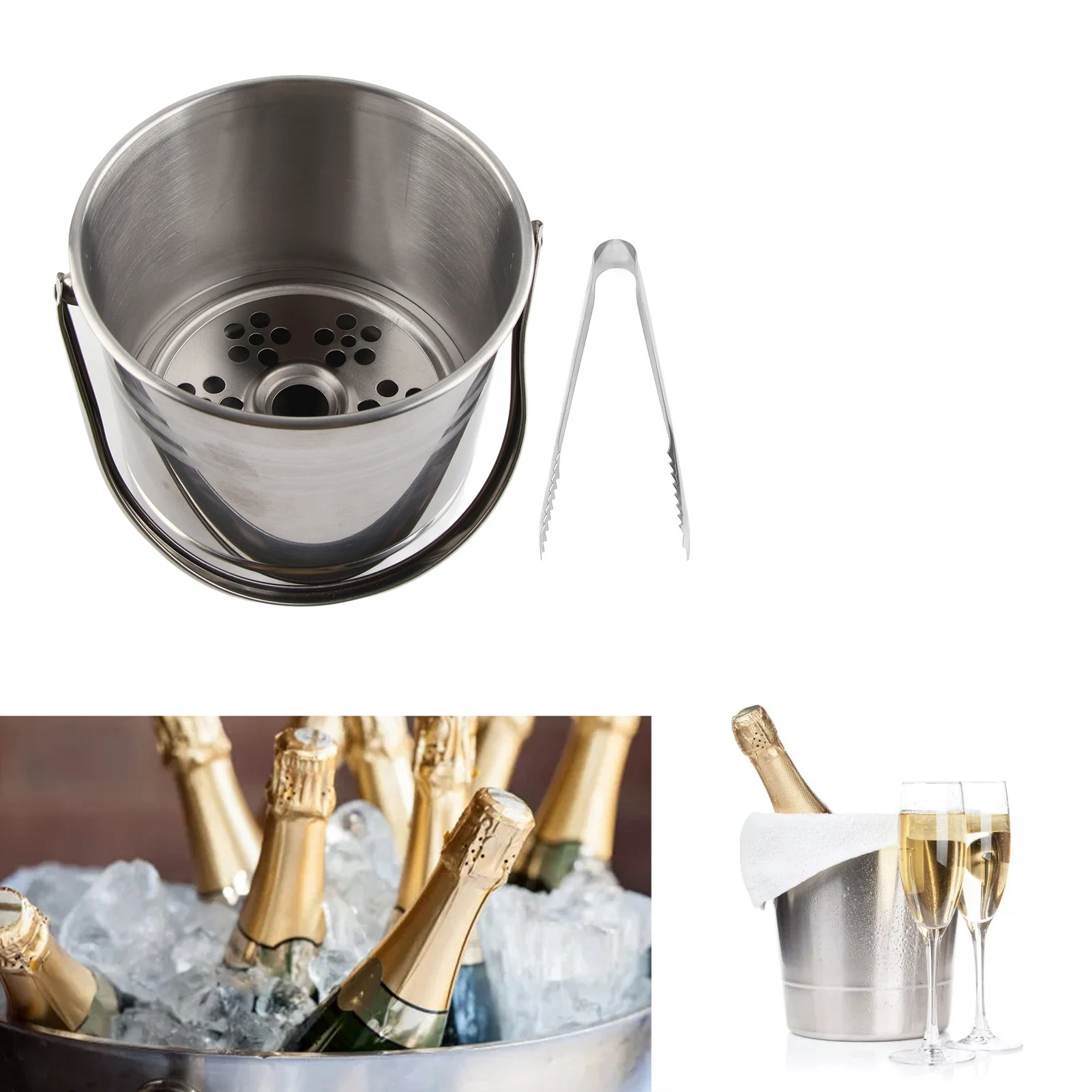 Ice Container Stainless Steel Rust Proof Cocktail Ice Bucket Portable Handle with Drip Tray Tongs for Parties for Wine