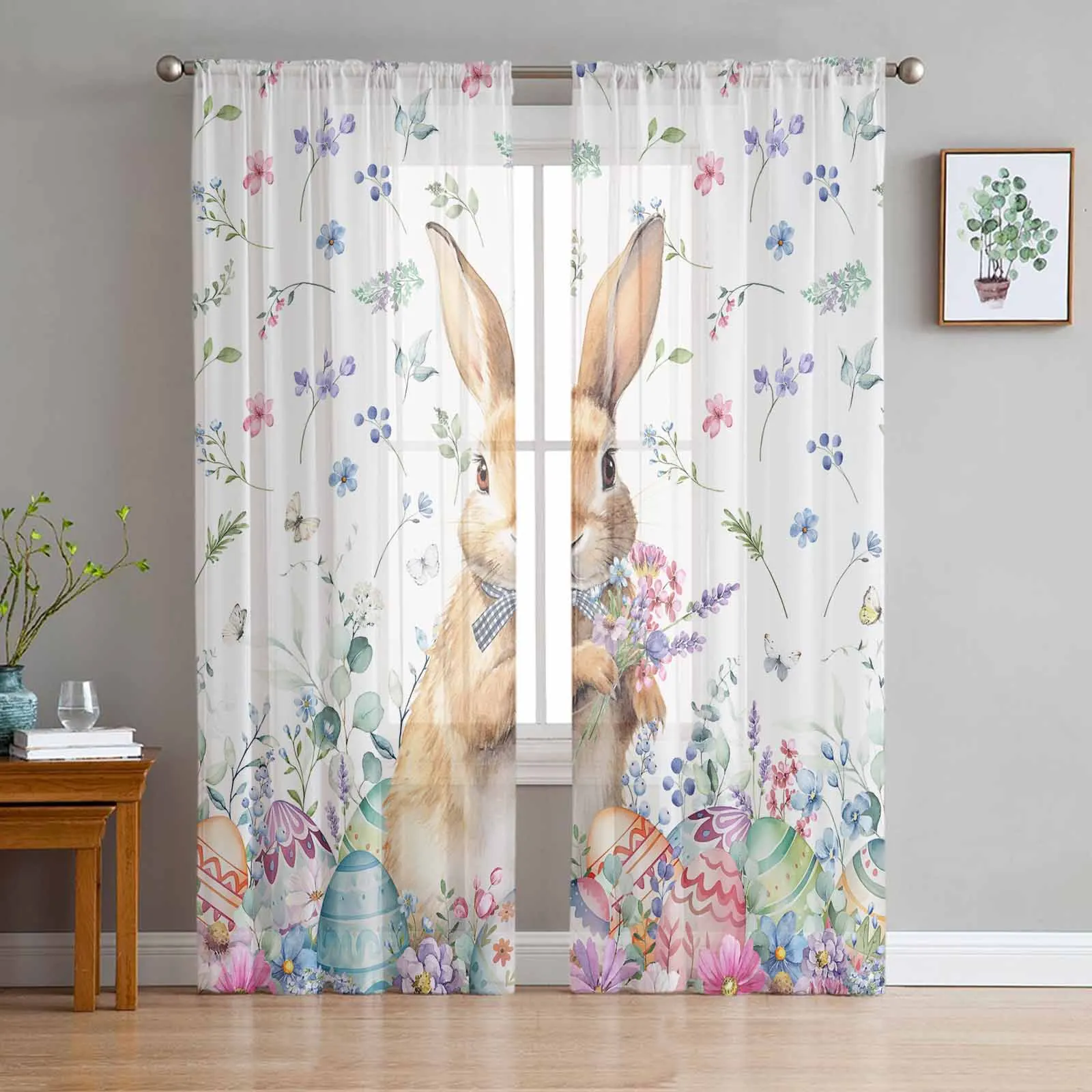 

Easter Eggs Bunny Flowers Tulle Curtains for Living Room Sheer Curtain for Bedroom Kitchen Blinds Voile Curtains