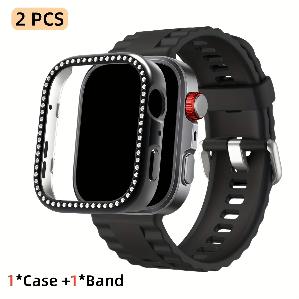 Rhinestone-Studded Soft Watch Band with Protective PC Case - Elegant Strap and Cover Set