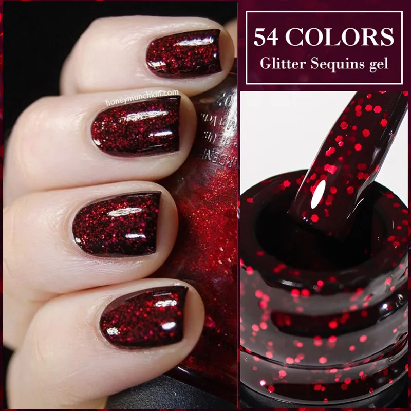 Gel Nail Polish Red Glitter Sequins Soak Off UV LED Kit
