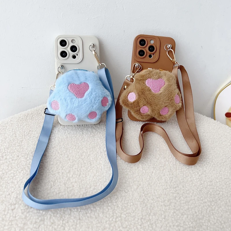 Plush Cat Paws Wallet Case with Rope - Enhanced Design