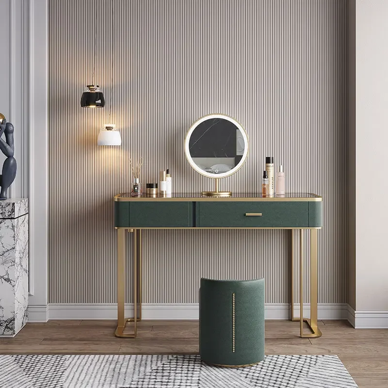 다기능 조명 럭셔리 침실 드레싱 테이블, 강화 유리 LED 코너 스토리지 통합 모던 미니멀리스트 드레싱 테이블 