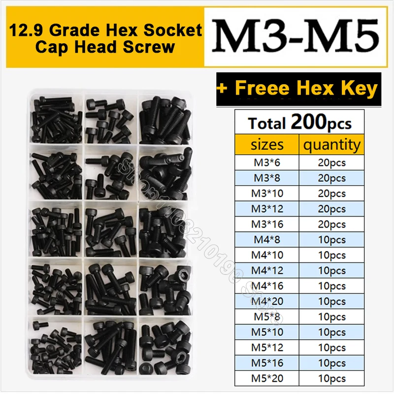 

200Pcs Black High Strength Hexagon Hex Socket Cap Head Screw Assortment Kit M3 M4 M5 12.9 Grade Allen Head Bolt Set With Hex Key