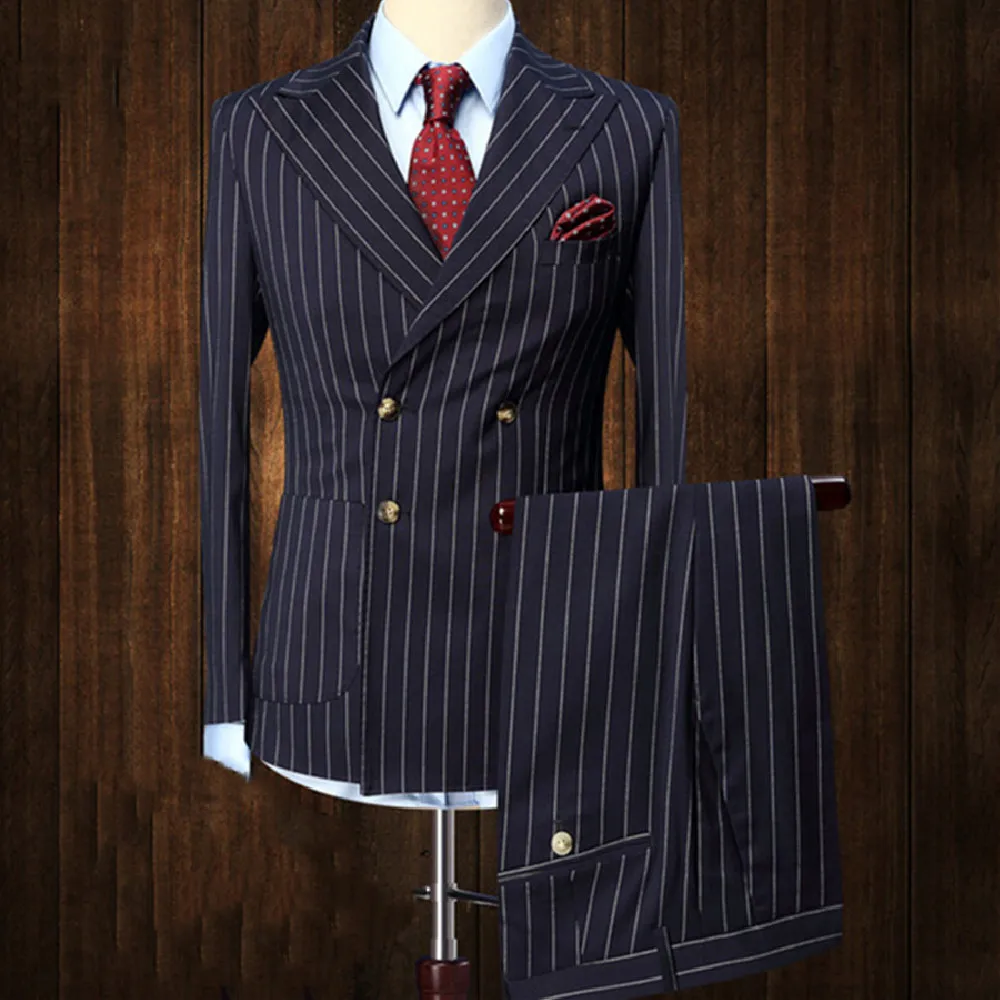 

Mens Suits 2 Pieces Vintage Double Breasted Suit Navy Blue Stripe Terno Slim Fit Large Lapels Wedding Groom Tuxedo Tailcoat Men