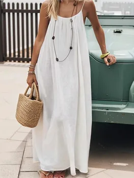 2026 Summer New Casual Seaside Vacation Women Long Skirt Fashionable Solid Color Sexy Suspender Backless Loose Dress Large Size 1