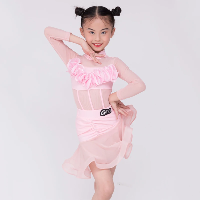

Pink Latin Dance Clothes Girls Mesh Sleeves Latin Dress Children Rumba Chacha Dance Professional Clothing Costume SL8404