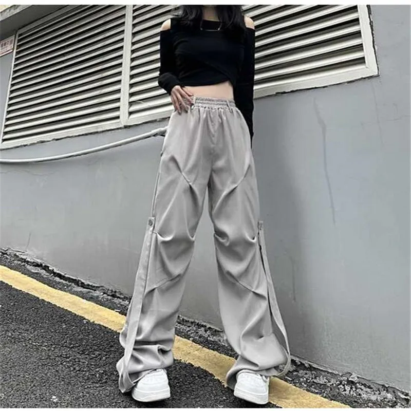 Y2K Casual Women's Wide Leg Elastic Waist Pants  Spring Korean Streetwear Oversized High Waist Joggers Grey Pleated Trousers