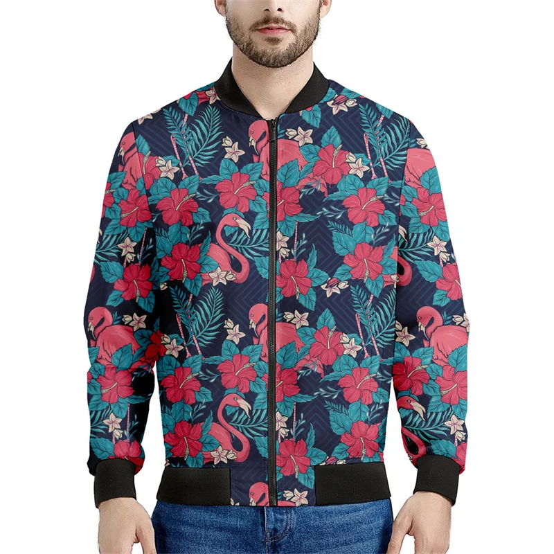 thumbnail image 1 of Chaqueta con estampado de flores coloridas hawaianas para hombre, sudaderas con estampado 3D de plantas tropicales, abrigos de manga larga con cremallera estilo bombardero callejero, 1 of 4