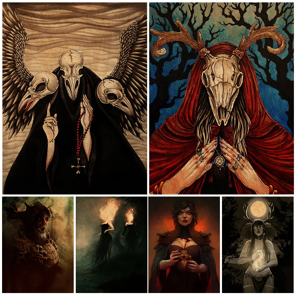 

Forest Witch And Moon Witch Wall Art Canvas Painting Dead Bone Three Headed Bird Vintage Poster Prints Home Decoration Unframed