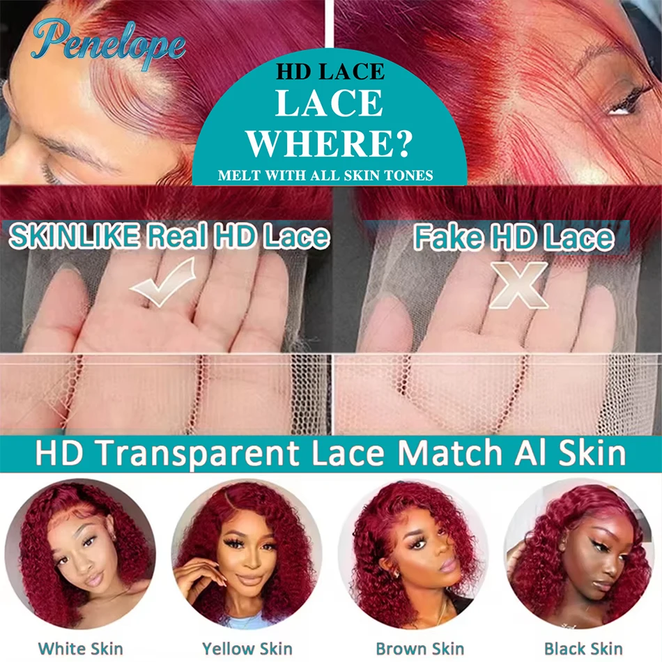 220 Density 99J Burgundy 13x6 HD Lace Frontal Human Hair Wig Pre plucked Colored Brazilian Deep Wave Curly Human Hair Wig 4