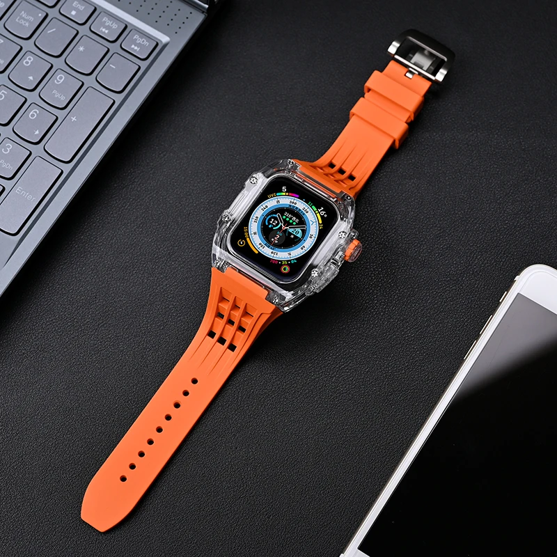 애플 워치 밴드용 투명 케이스 개조 키트, 고무 팔찌 스트랩, iWatch 8, 7, 6, 5, 4 SE 키트 벨트, 45mm, 44mm